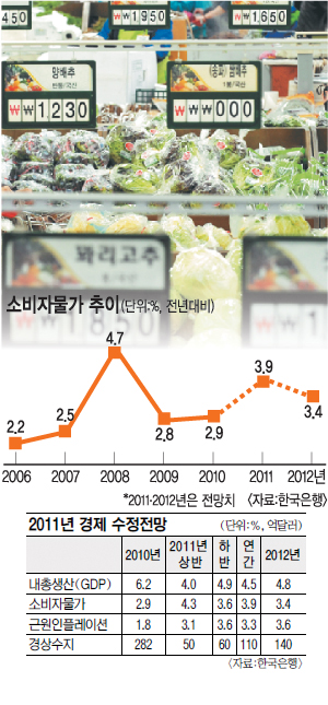 한은 2011년 물가전망 3.9%로 상향… 통화정책 운용 失機 자인한 셈  