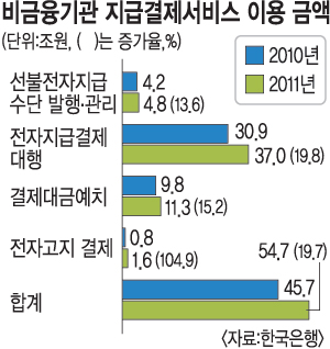 비금융기관 지급결제 이용액 20% 급증… 2011년 교통카드·상품권 등 대금전자고지결제는 105%나 늘어  