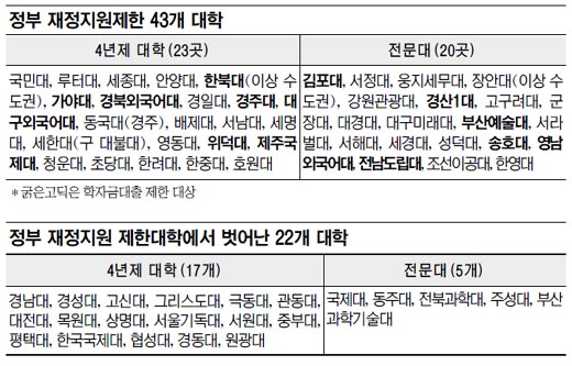 국민대·세종대 등 43개 부실대학 지정… 2013년 정부 재정지원 제한  