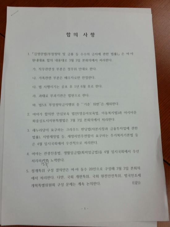 [전문]여야, '김영란법' 등 2월국회 합의사항 전문  
